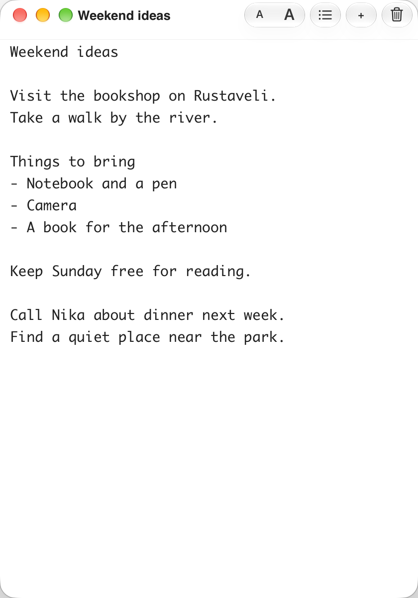 RAMnotes note window with native macOS controls and plain text.